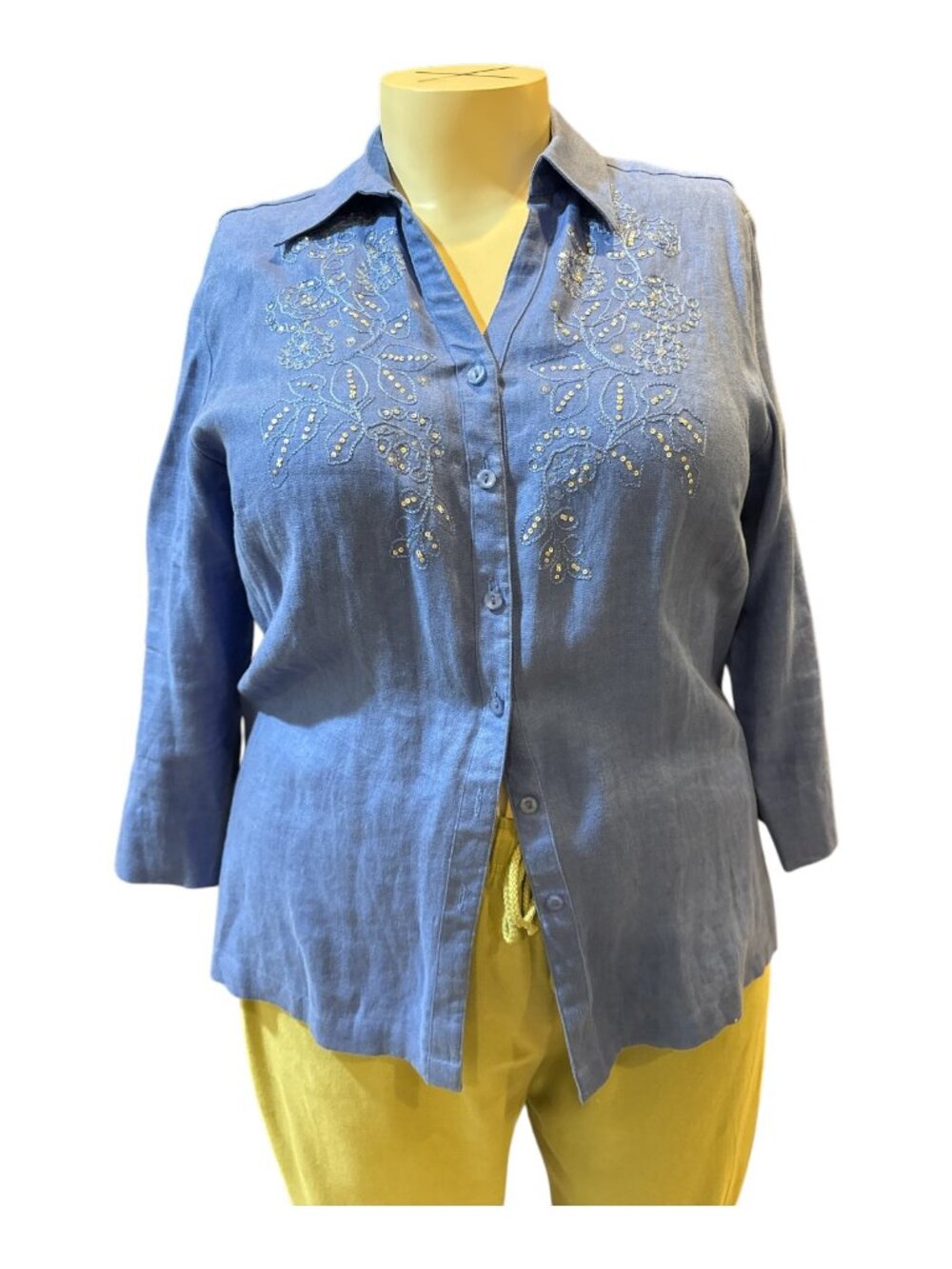 JM Collection Sz 16 Blue Sequin Embellished 100% Linen Button-Up Blouse